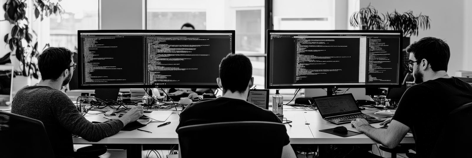 Tres personas trabajando frente a pantallas con código en una oficina. Fotografía en blanco y negro.